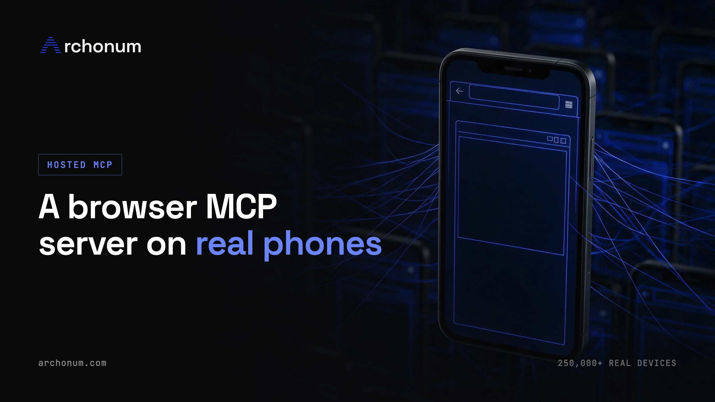 A smartphone displaying a browser window in cobalt wireframe, connected by glowing threads to a field of other phones, captioned "A browser MCP server on real phones"